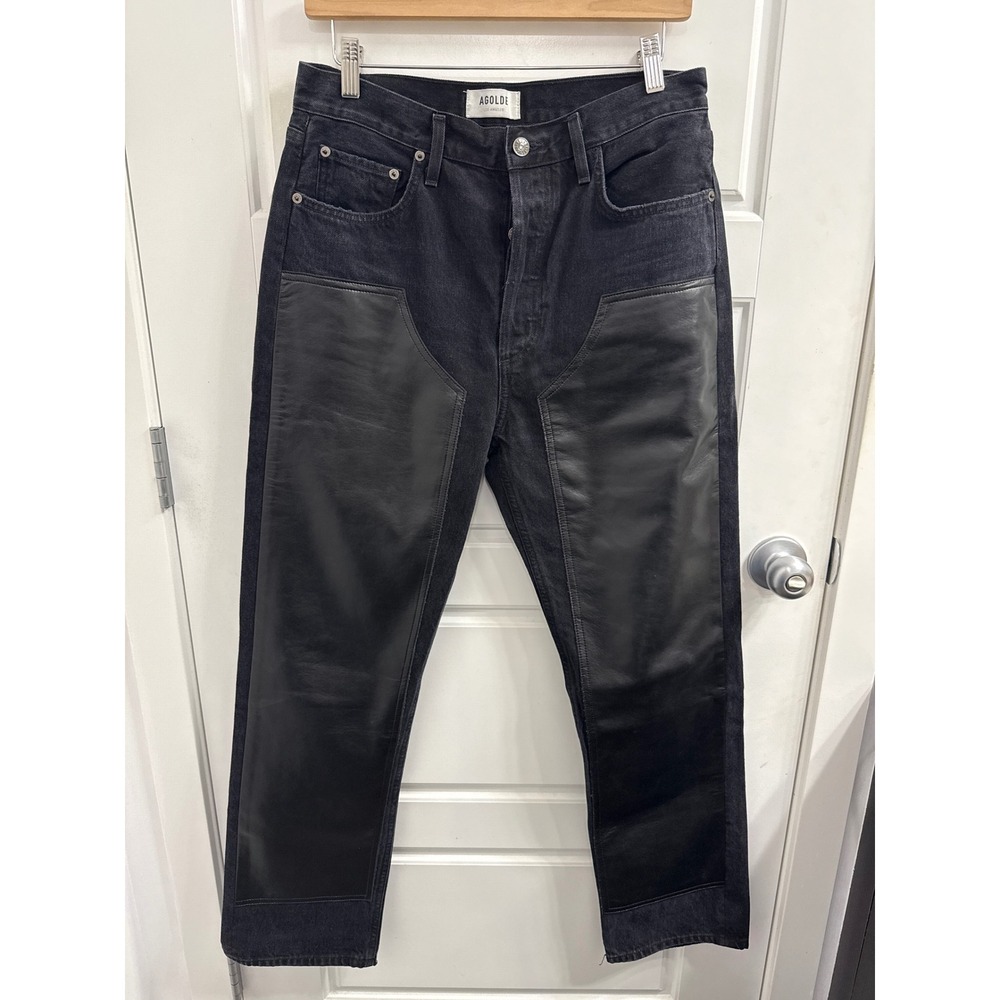 AGOLDE Ryder Jeans Washed Black Leather Panel Chaps Size 28